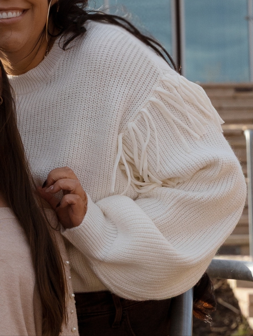 Time and Tru Cream Fringe Sleeve Crewneck Sweater